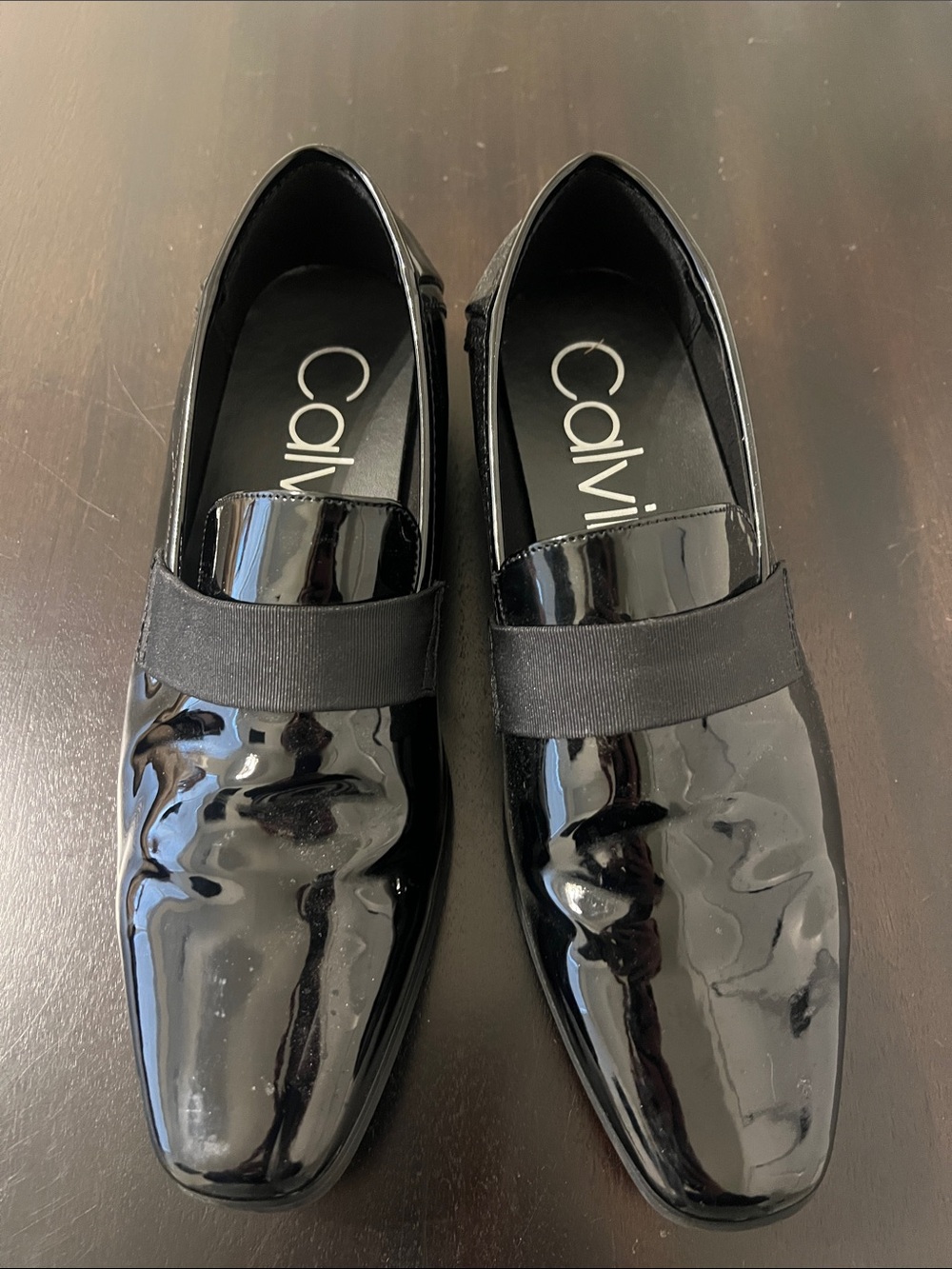 Calvin Klein Men’s Black Patent Slip-On Loafers with Elastic Strap